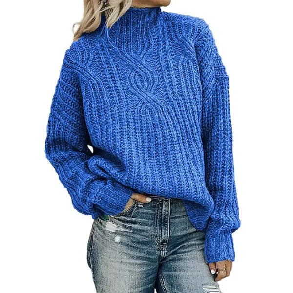 Damen Pullover – Oversize Passform – Wollmix – Zopfmuster – Hoher Kragen
