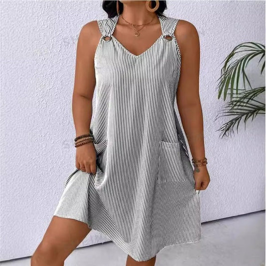 Damen A-Linienkleid – V-Ausschnitt – Atmungsaktives Gewebe – Kniebedeckend – Taschen