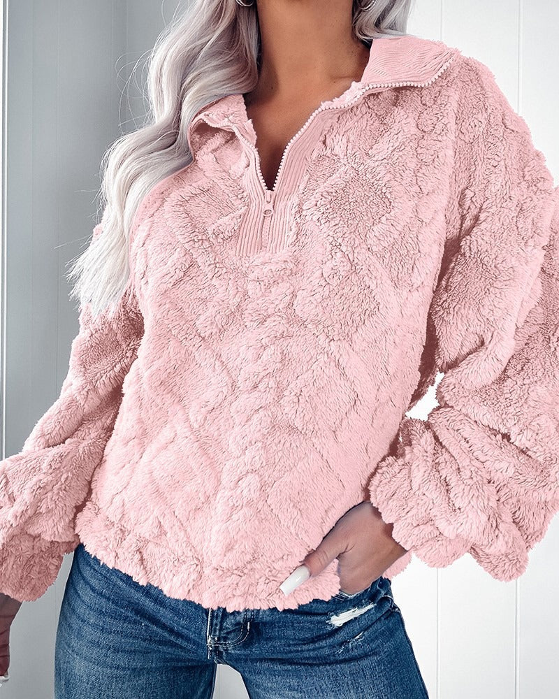Damen Pullover Sweater – Kunstfell – Lockere Passform – Gesteppt – Halber Reißverschluss