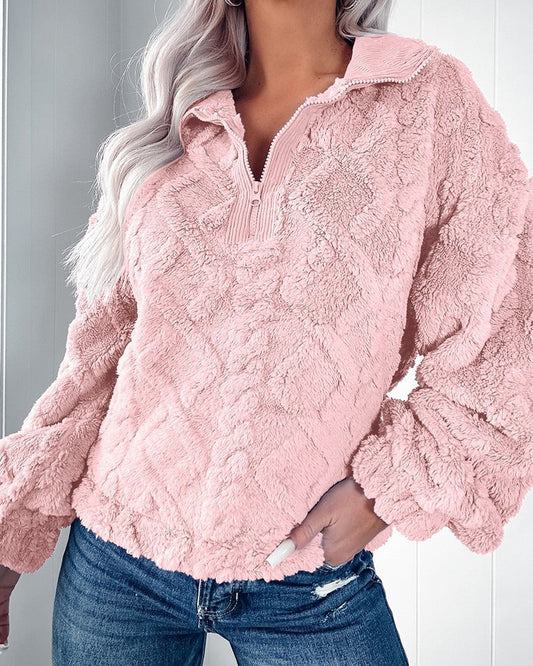 Damen Pullover Sweater – Kunstfell – Lockere Passform – Gesteppt – Halber Reißverschluss