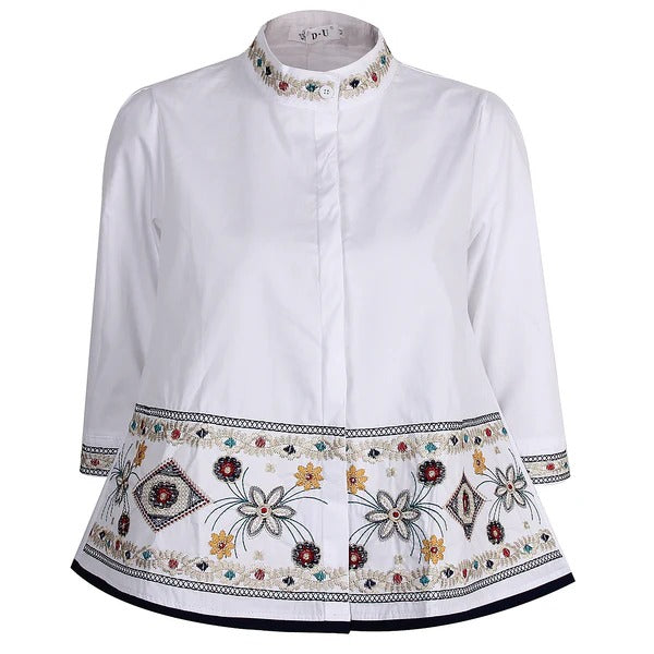 Damen Bluse – Lockerer Schnitt – Bestickt – Hoher Kragen – Verdeckte Knopfleiste – Baumwolle