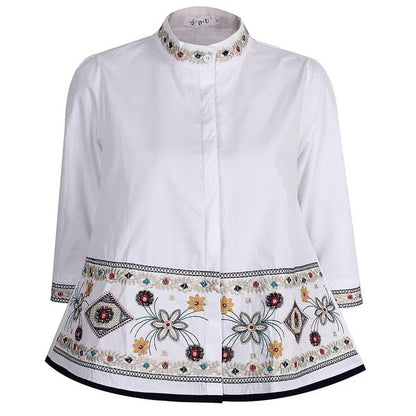 Damen Bluse – Lockerer Schnitt – Bestickt – Hoher Kragen – Verdeckte Knopfleiste – Baumwolle