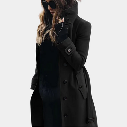 Damen Trenchcoat – Taillierte Passform – Wolloptik – Gürtel – Zweireihig – Knielang