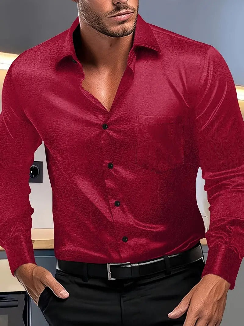 Herren Button-Up Hemd – Slim Fit – Seidiges Finish – Kentkragen – Brusttasche