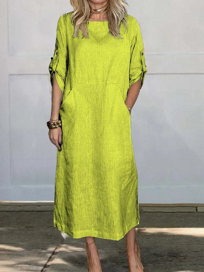 Damen Maxikleid – Linnen Stil – Lockerer Schnitt – Krempelärmel – Seitentaschen