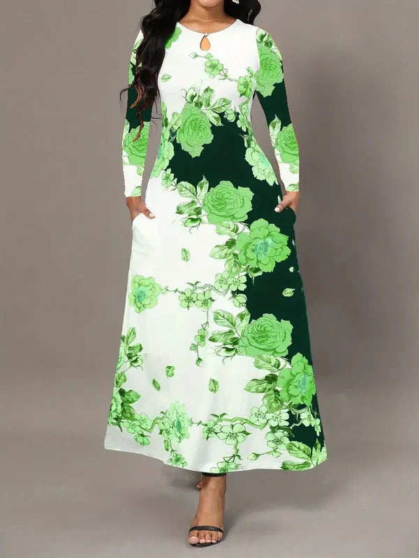 Damen Maxikleid – A-Linie – Florales Muster – Lange Ärmel – Keyhole-Ausschnitt – Mit Taschen