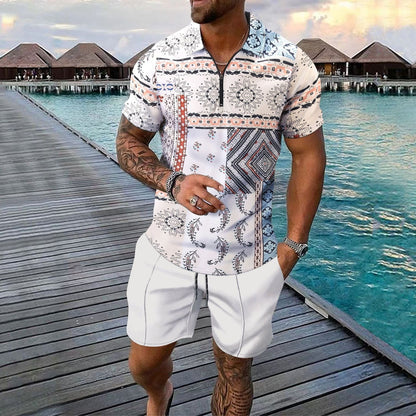 Herren Freizeitset – Slim Fit Zip Poloshirt & Knie-Shorts – Digitaldruck Baumwolle