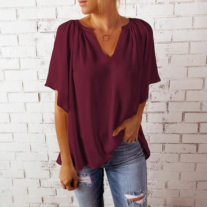 Damen Bluse – Lockerer Schnitt – V-Ausschnitt – Kurzarm – Leicht und Atmungsaktiv