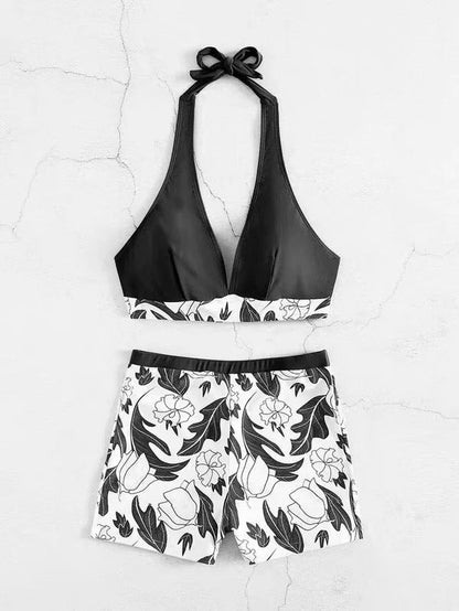 Damen Bikini Set – Halter Top – High Waist Shorts – Florales Muster – Stretch Stoff