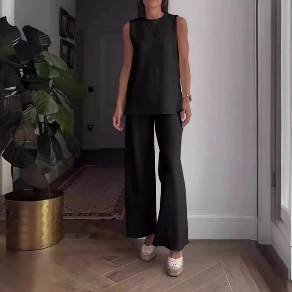 Damen Set mit Bluse und Palazzohose – Baumwollmix – Lockerer Schnitt – Ärmellos – High Waist