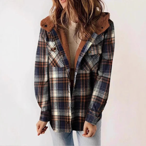 Damen Freizeithemd – Relaxed Fit – Flanelloptik – Fleecegefüttert – Kapuze – Karomuster