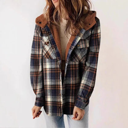 Damen Freizeithemd – Relaxed Fit – Flanelloptik – Fleecegefüttert – Kapuze – Karomuster