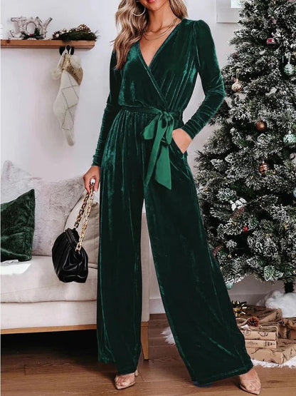 Damen Jumpsuit – Taillierte Passform – Velours – V-Ausschnitt – Langarm – Weites Bein