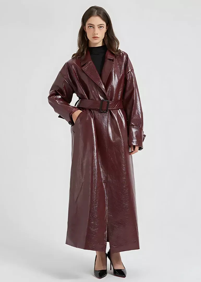 Damen Trenchcoat – Veganes Leder – Slim Fit – Gürtel – Knöchellang – Klassischer Kragen