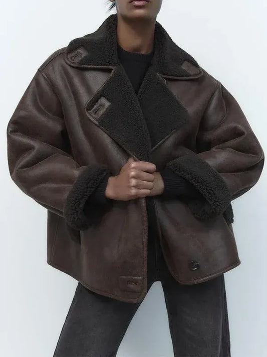 Damen Lederjacke – Oversize Passform – Shearling Kragen und Ärmel – Hüftlang Vintage Stil