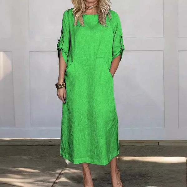 Damen Maxikleid – Linnen Stil – Lockerer Schnitt – Krempelärmel – Seitentaschen