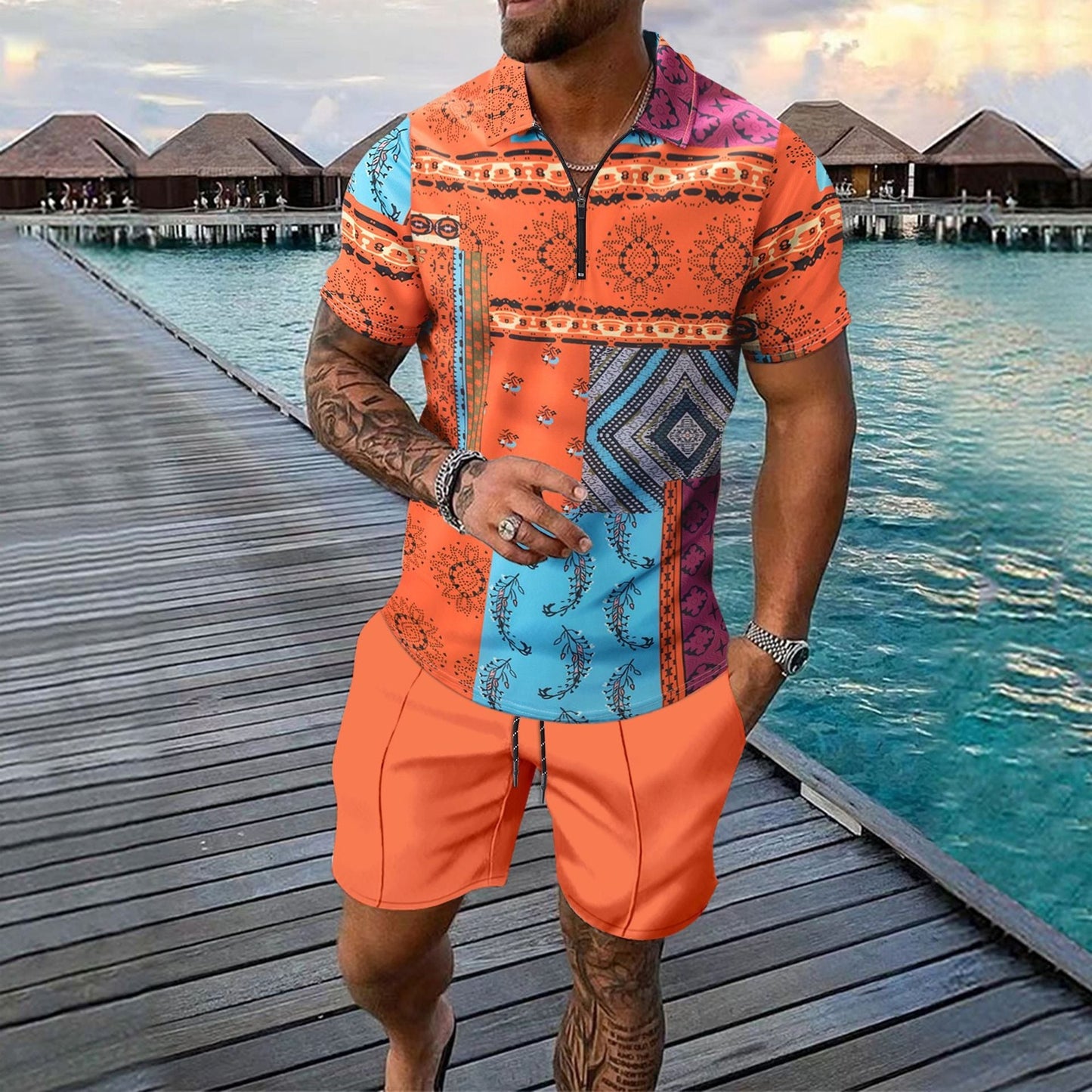 Herren Freizeitset – Slim Fit Zip Poloshirt & Knie-Shorts – Digitaldruck Baumwolle