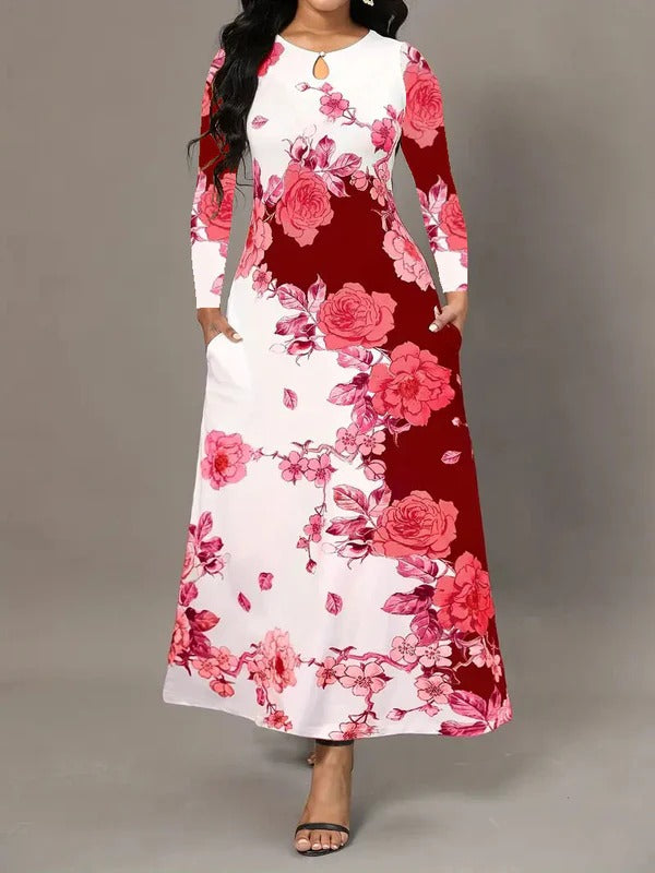 Damen Maxikleid – A-Linie – Florales Muster – Lange Ärmel – Keyhole-Ausschnitt – Mit Taschen