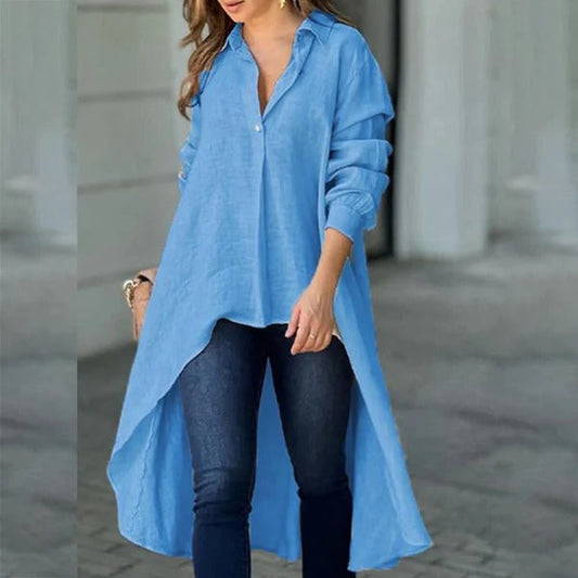 Damen Bluse – Lockerer Schnitt – Lange Ärmel – High-Low Saum – Baumwollmix