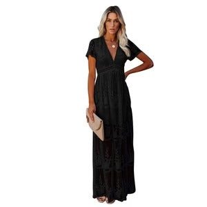 Damen Maxikleid – V-Ausschnitt – Kurzarm – Bestickt – Luftiger Eleganter Schnitt