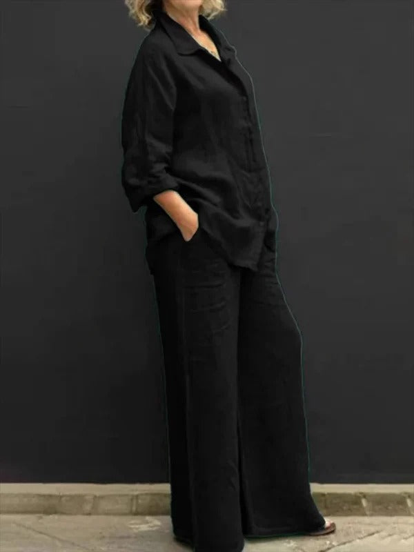 Damen Zweiteiler – Leinen – Lockerer Schnitt – Hemdbluse – Weite Hose – Freizeitlook