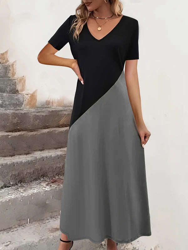 Damen Maxikleid – V-Ausschnitt – Kurzarm – Figurbetontes Oberteil – Colorblock Design