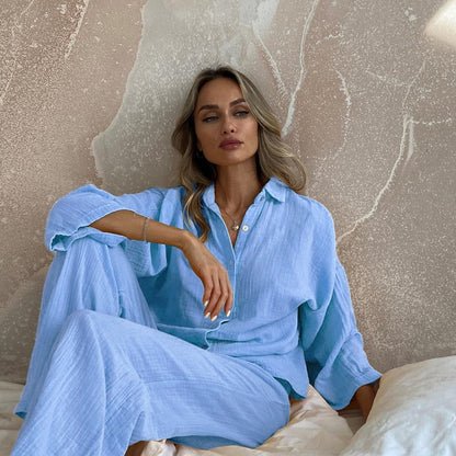 Damen Lounge Set – Atmungsaktive Gauze – Oversize Passform – Weite Hose – Langarm Hemd