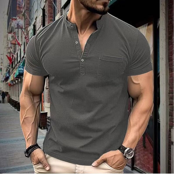 Herren Kurzarmhemd – Slim Fit – Stehkragen – Baumwolle – Brusttasche