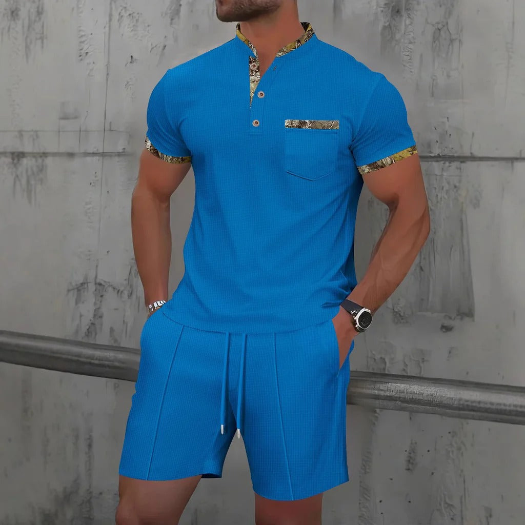 Herren Set – Freizeithemd & Shorts – Slim Fit – Baumwollgefühl – Brusttasche