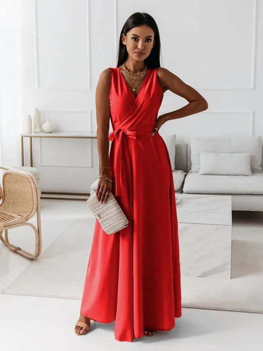 Damen Maxikleid – Luxusstoff – V-Ausschnitt – Ärmellos – Tailliert mit Bindegürtel