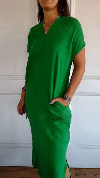 Damen Maxikleid – Lockerer Schnitt – V-Ausschnitt – Kurzarm – Mit Taschen – Baumwollgefühl