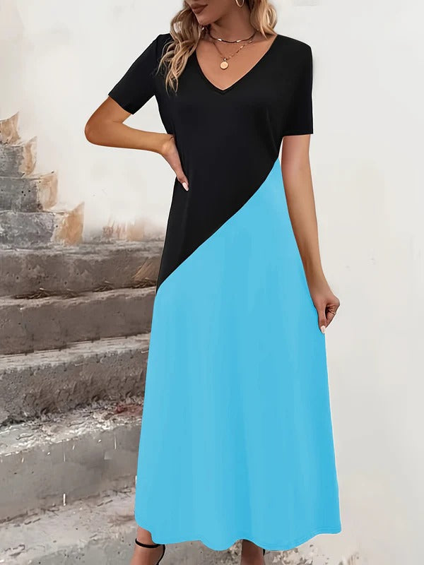Damen Maxikleid – V-Ausschnitt – Kurzarm – Figurbetontes Oberteil – Colorblock Design