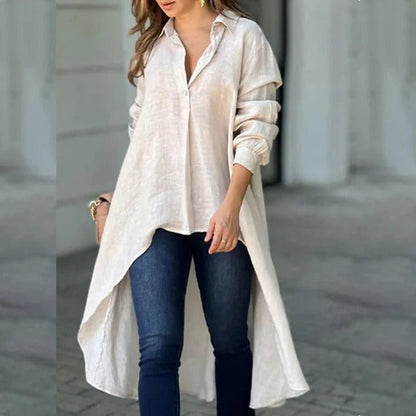 Damen Bluse – Lockerer Schnitt – Lange Ärmel – High-Low Saum – Baumwollmix