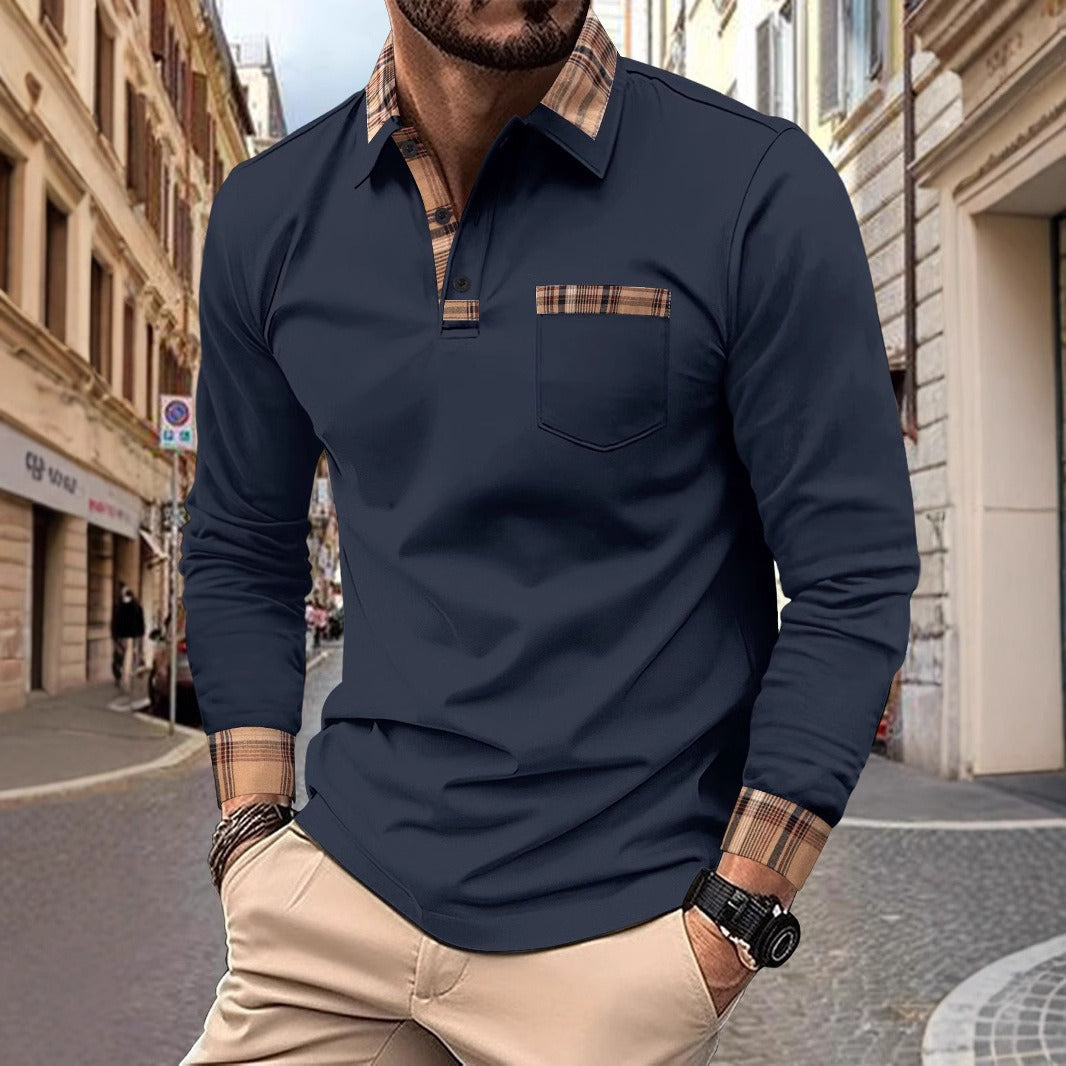 Herren Langarm Polo Shirt – Regular Fit – Baumwollmischung – Karobesatz mit Brusttasche
