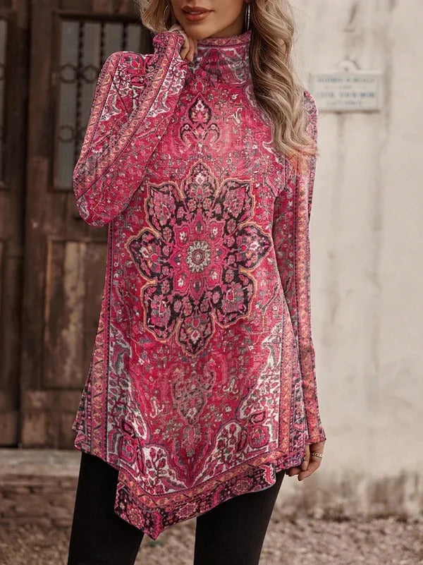 Damen Bluse – Lockerer Schnitt – Stehkragen – Langarm – Atmungsaktiv – Asymmetrischer Saum