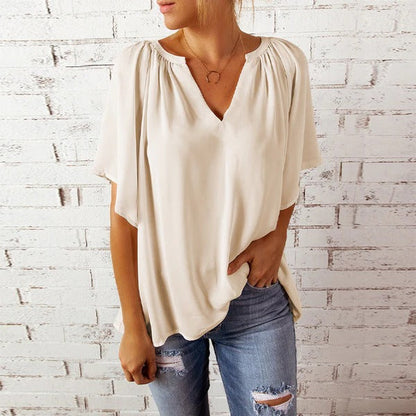 Damen Bluse – Lockerer Schnitt – V-Ausschnitt – Kurzarm – Leicht und Atmungsaktiv