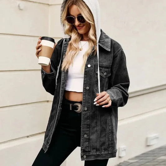 Damen Jeansjacke – Oversized Fit – Mit Kapuze – Knopfleiste und Taschen