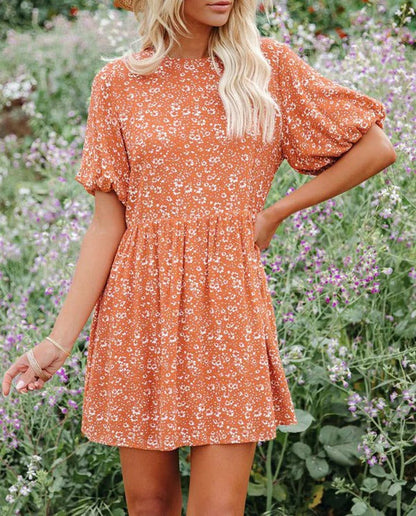 Damen A-Linienkleid – Puffärmel – Blumenmuster – Atmungsaktiver Stoff – Mini