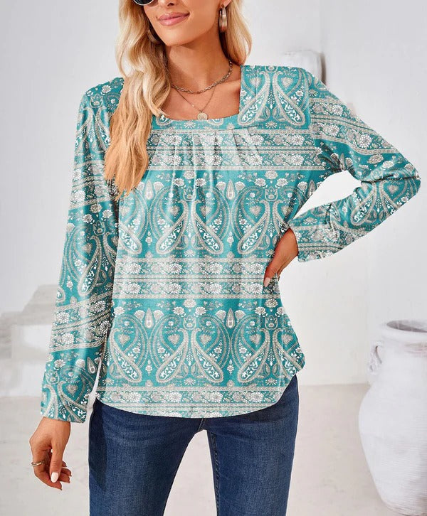 Damen Bluse – Lockerer Schnitt – Florales Paisley Muster – Langarm mit eckigem Ausschnitt