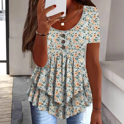 Damen Bluse – Lockerer Schnitt – Rüschensaum – Knopfleiste – Atmungsaktiv – Blumenmuster