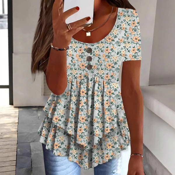 Damen Bluse – Lockerer Schnitt – Rüschensaum – Knopfleiste – Atmungsaktives Material – Blumenmuster
