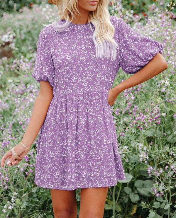 Damen A-Linienkleid – Puffärmel – Blumenmuster – Atmungsaktiver Stoff – Mini