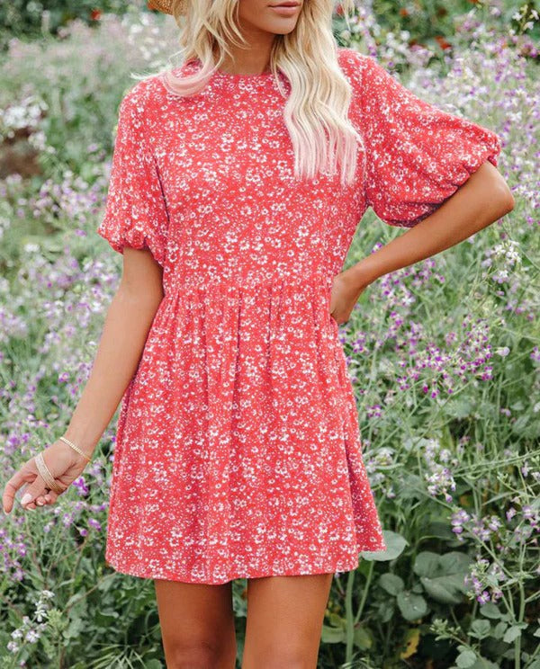 Damen A-Linienkleid – Puffärmel – Blumenmuster – Atmungsaktiver Stoff – Mini