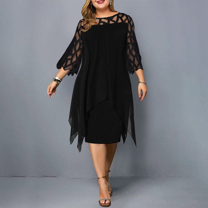 Damen Midikleid – Chiffon – Spitze – Asymmetrischer Saum – 3/4 Arm – Lockerer Schnitt