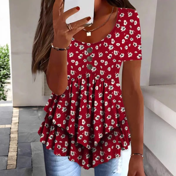 Damen Bluse – Lockerer Schnitt – Rüschensaum – Knopfleiste – Atmungsaktives Material – Blumenmuster