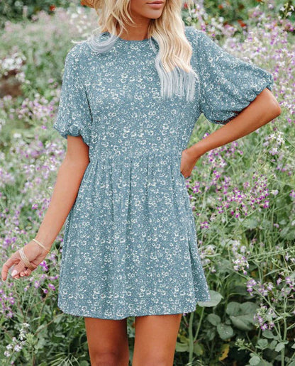 Damen A-Linienkleid – Puffärmel – Blumenmuster – Atmungsaktiver Stoff – Mini