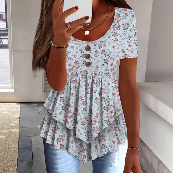 Damen Bluse – Lockerer Schnitt – Rüschensaum – Knopfleiste – Atmungsaktives Material – Blumenmuster