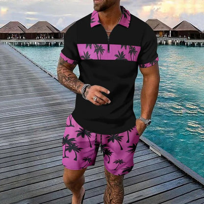 Herren Freizeitanzug – Tropical Muster – Zip-Poloshirt – Shorts mit Kordelzug