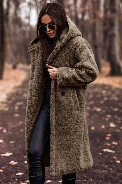 Damen Teddy Mantel – Oversized Schnitt – Flauschiger Fleece – Kapuze – Lang Offen