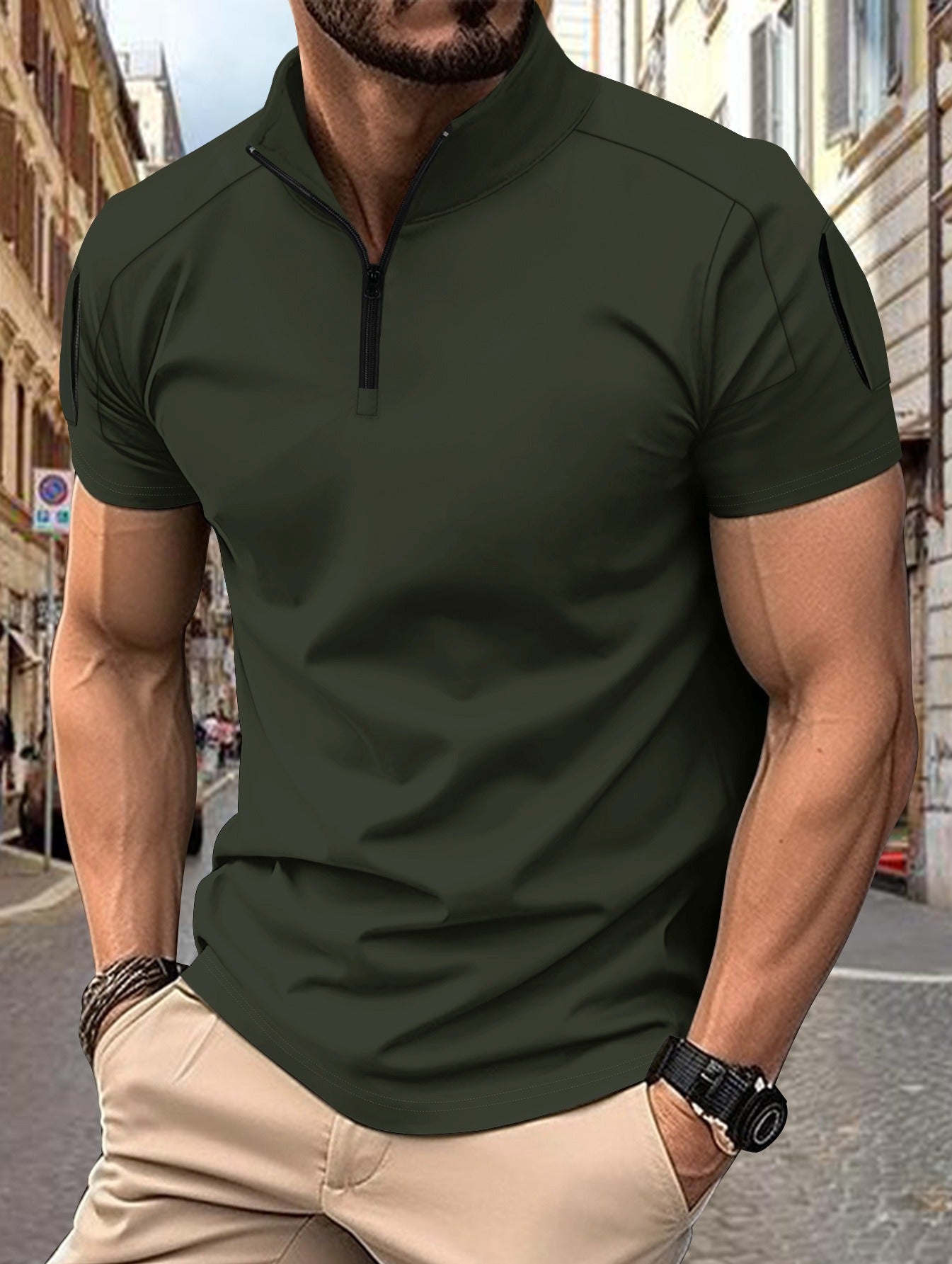 Herren Poloshirt – Slim Fit – Atmungsaktive Baumwollmischung – Zip-Kragen – Ärmeltaschen